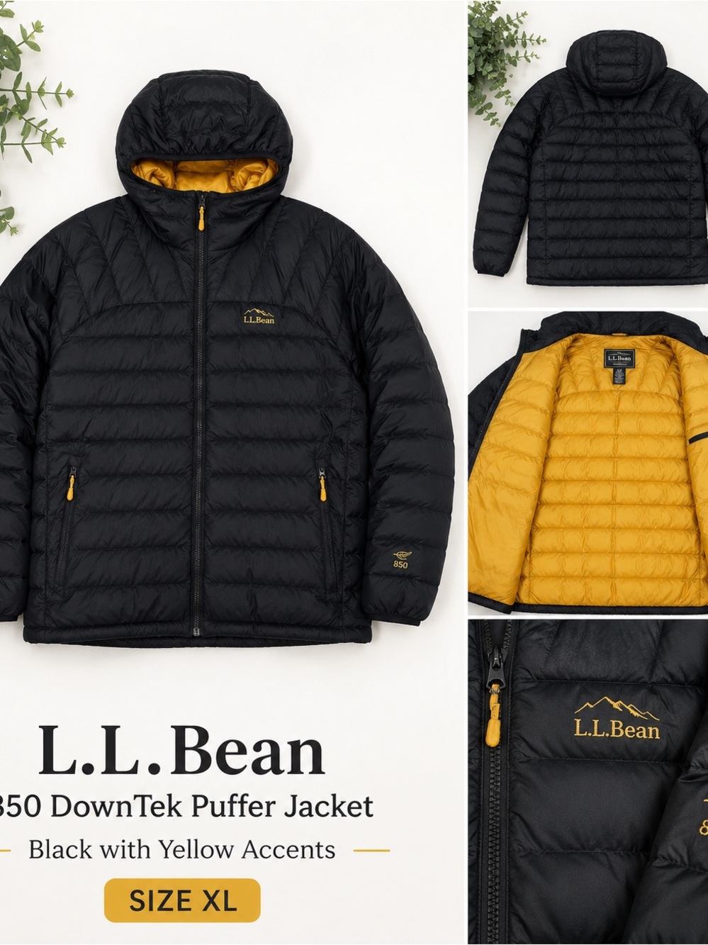 L.L. Bean Black and Yellow Puffer Jacket - Picture 2 of 6